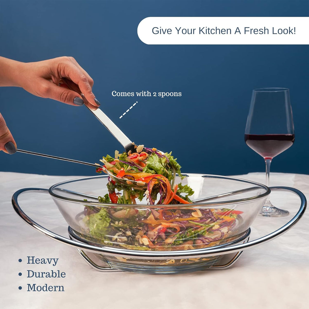 Regent 18/10 CONTEMPO Chromeplated 9.8”inch 25cm Salad Bowl with Stainless Steel Servers, Big Salad Bowls with Perfect for Fruits, Vegetable or Salads