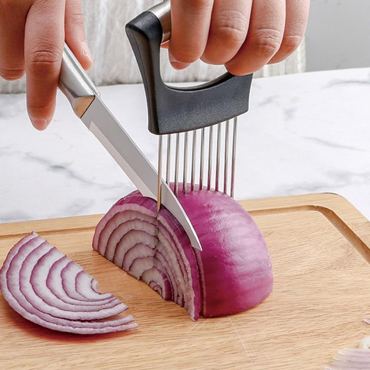 Stainless Steel Onion Slicer Holder, Onion Holder for Slicing & Onion Cutter, Tomato Slicer for Vegetables (Onions, Tomatoes, Potatoes, Avocados, Eggs), Kitchen Slicing Assistant Tool (Mix-2PCS)