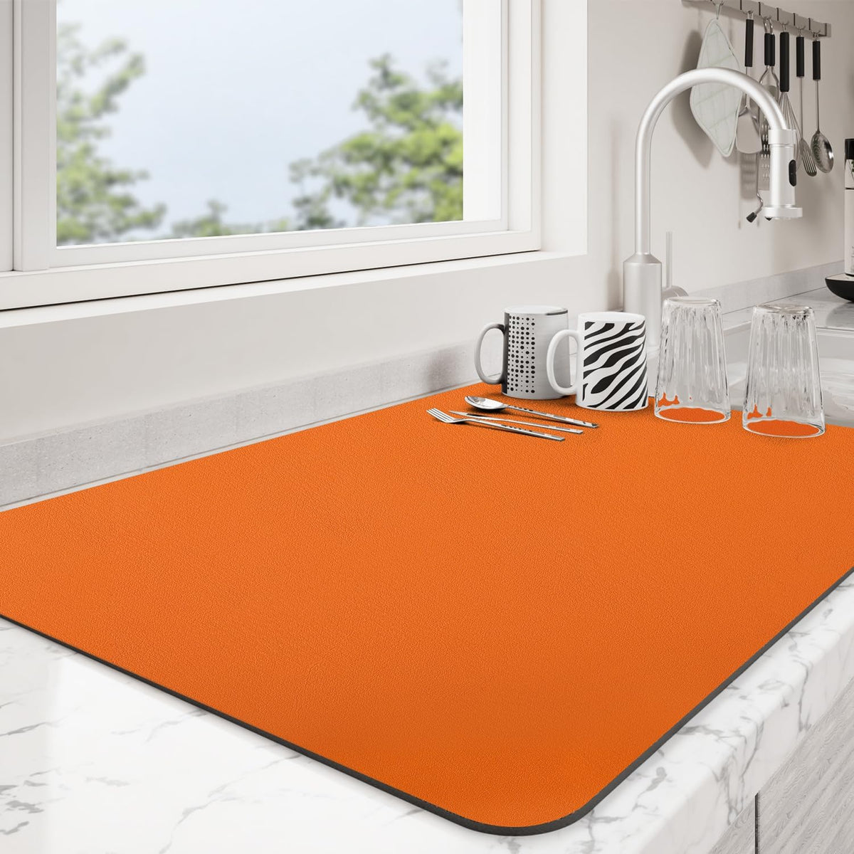 Dish Drying Mat for Kitchen Counter | Coffee Bar Mat for Countertops | Heat Resistant Drainer Mat with Non-slip Rubber Backed | Hide Stain Kitchen Absorbent Draining Mat | Orange 16"x20"