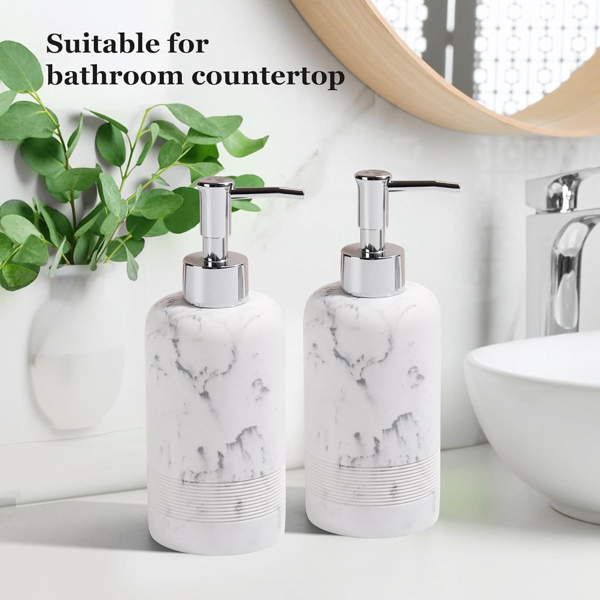 2pcs/Set Hand Soap Dispenser Sets - 10.8oz Refillable Resin Liquid Soap Dispensers with Rust-Proof Pump for Bathroom Countertop or Kitchen, Marble White