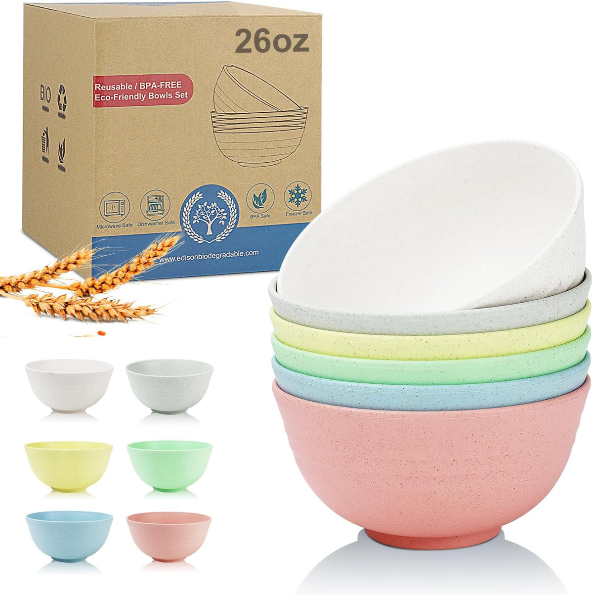 26 oz Wheat Straw Bowls Set of 6,Microwave & Dishwasher Safe Cereal Bowls for Kitchen,Lightweight Kids Bowls for Soup,Salad,Fruit,Snack and Oatmeal-Sweet Series