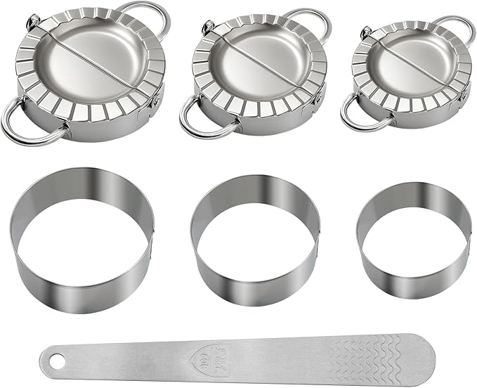 3-in-1 Stainless Steel Dumpling Maker Set - Professional Dumpling Press & Empanada Mold with Dough Cutters (3", 3.4", 3.8") | Includes Stuffing Scoop | Dishwasher Safe