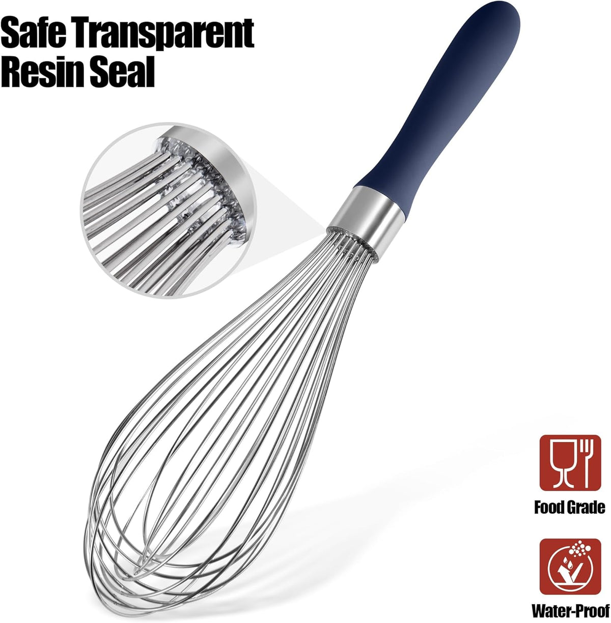 18/8 Stainless Steel Balloon Whisk, Doosu Kitchen Whisk for Cooking Handheld Egg Beater with Rust-Proof Sturdy Wires & Non-Slip Silicone Handle for Beating, Stirring, Blending (12 Wires, Navy Blue)