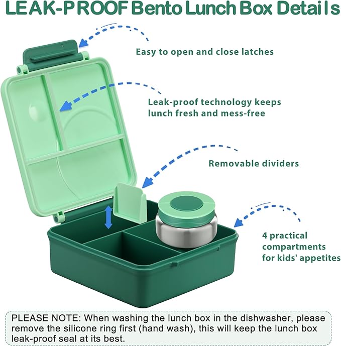 Bento Lunch Box Set for Kids with 8oz Soup Thermo, Leak-Proof Lunch Containers with 4 Compartment, Kids Thermo Hot Food Jar and Insulated Lunch Bag for Kid to School-Green