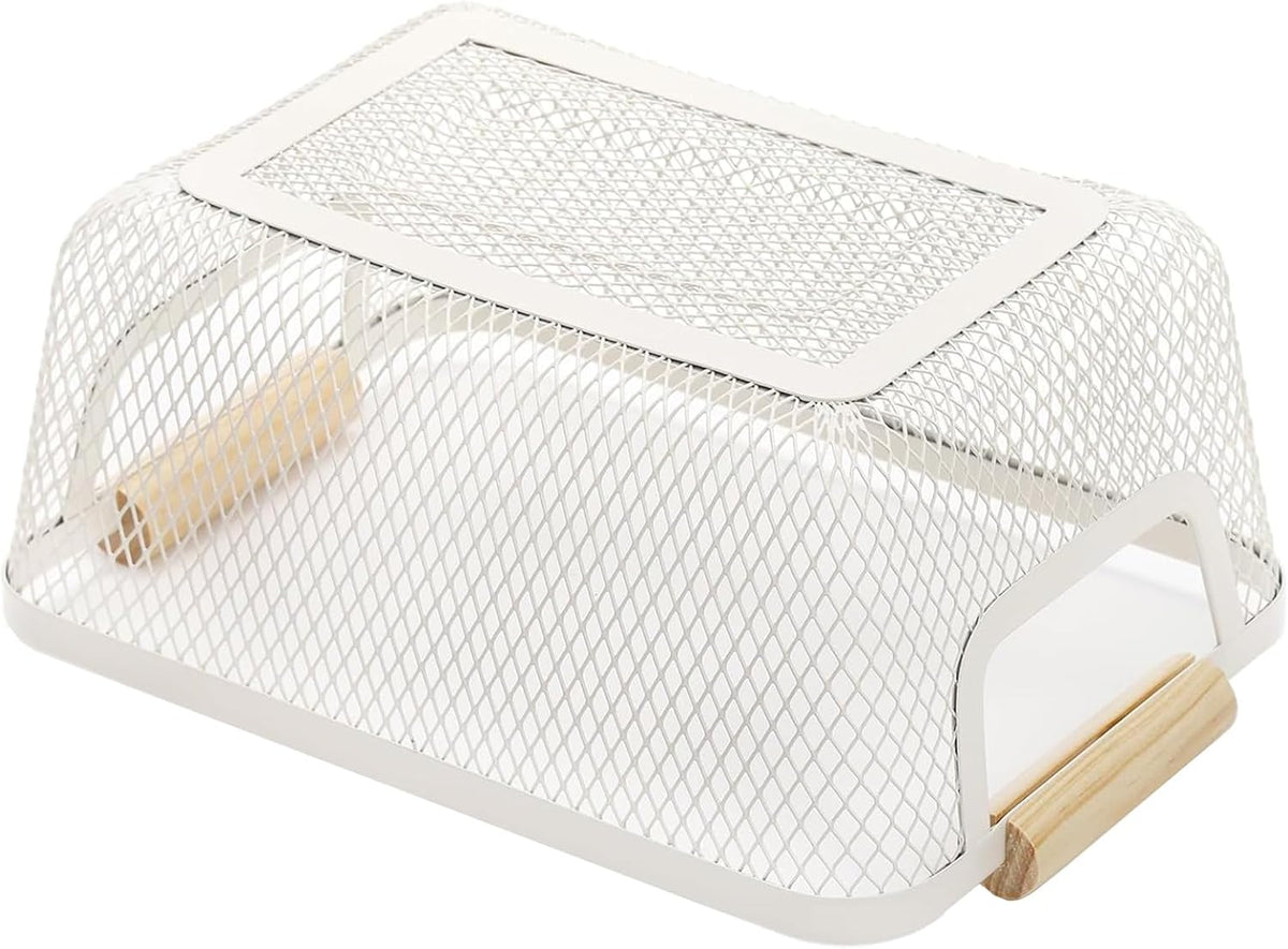 Metal Mesh Steel Basket, Small Wire Storage Organizer Basket Multi-function Hanging Kitchen Basket with Wood Handle for Kitchen Bathroom Picnic Home, Rectangle-Off White