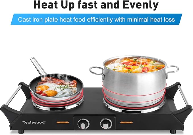 Techwood 1800W Hot Plate Portable Electric Stove Countertop Double Burner with Adjustable Temperature & Stay Cool Handles, 7.5” Cooktop for RV/Home/Camp, Compatible for All Cookwares