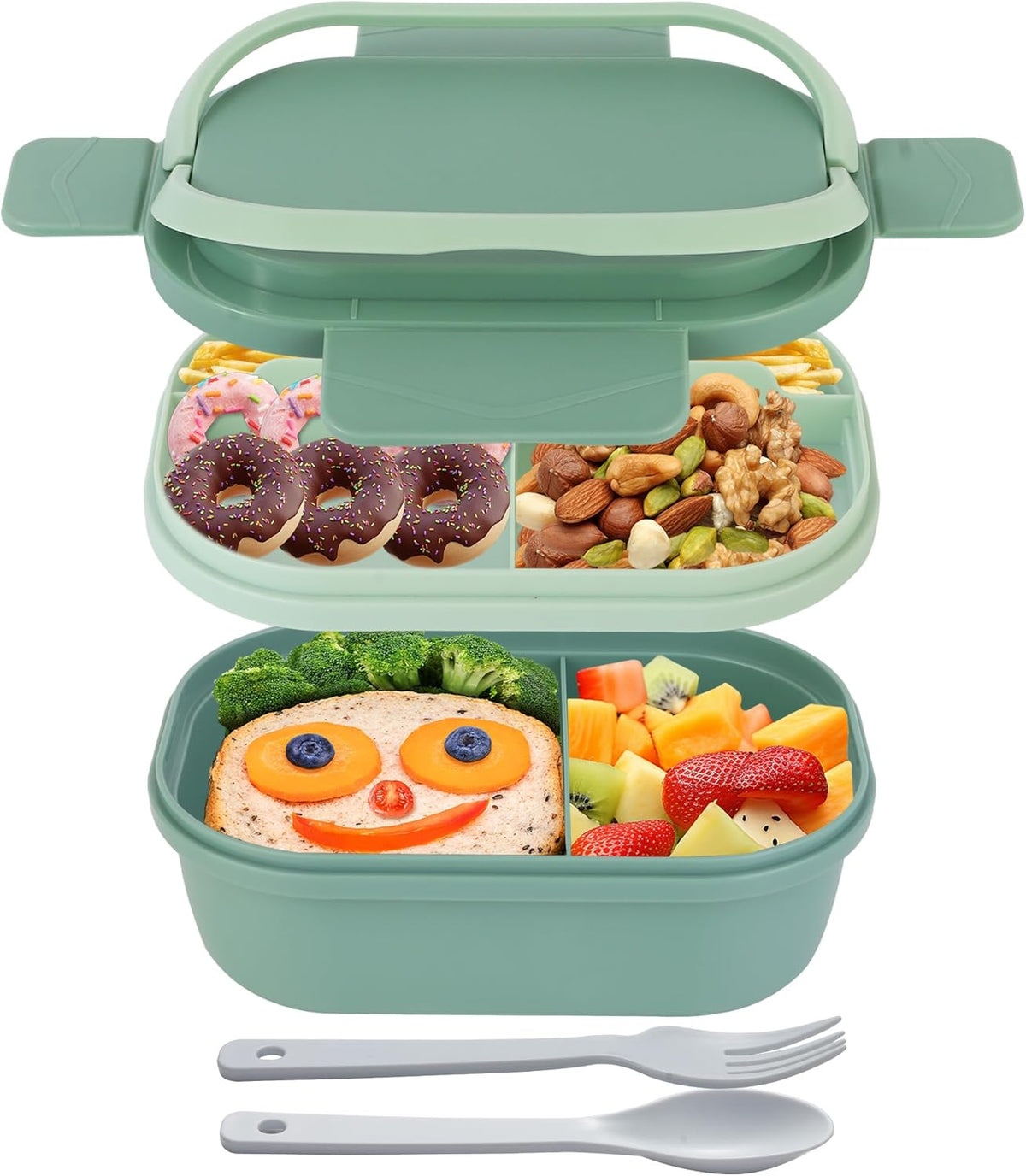 Hidden-Handle Bento Box Adult Lunch Box, Leak-Proof Lunch Containers for Adults & Kids, 2-Layer 5-Compartment 6 Cup with Utensils, Green