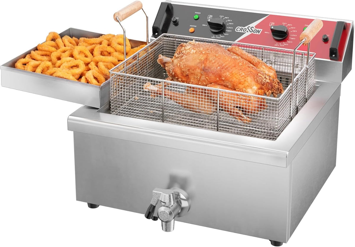 CROSSON 24Lbs Electirc Triple Basket Turkey Fryer With Oil Drain Spout,Oil Drain Rack,Commercial Countertop Donut Deep Fryer To Fry a Whole Fish or Turkey