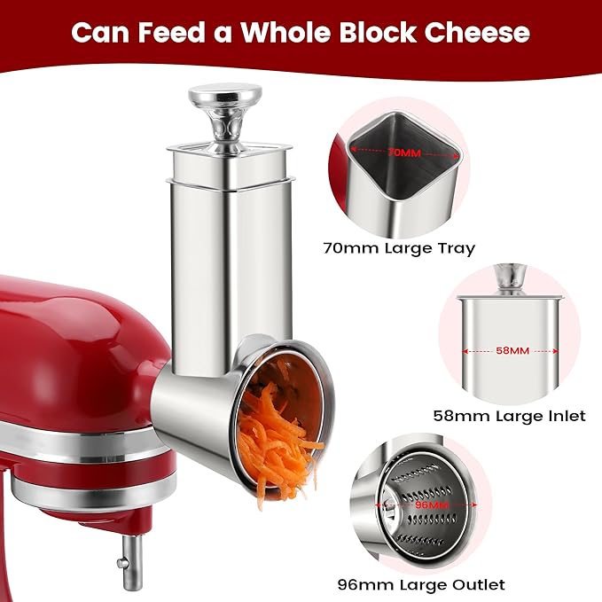 Stainless Steel Slicer Shredder Attachment for KitchenAid Mixers, Dishwasher Safe Cheese Grater Attachment, Food Slicer & Vegetable Chopper Accessory-4 Blades
