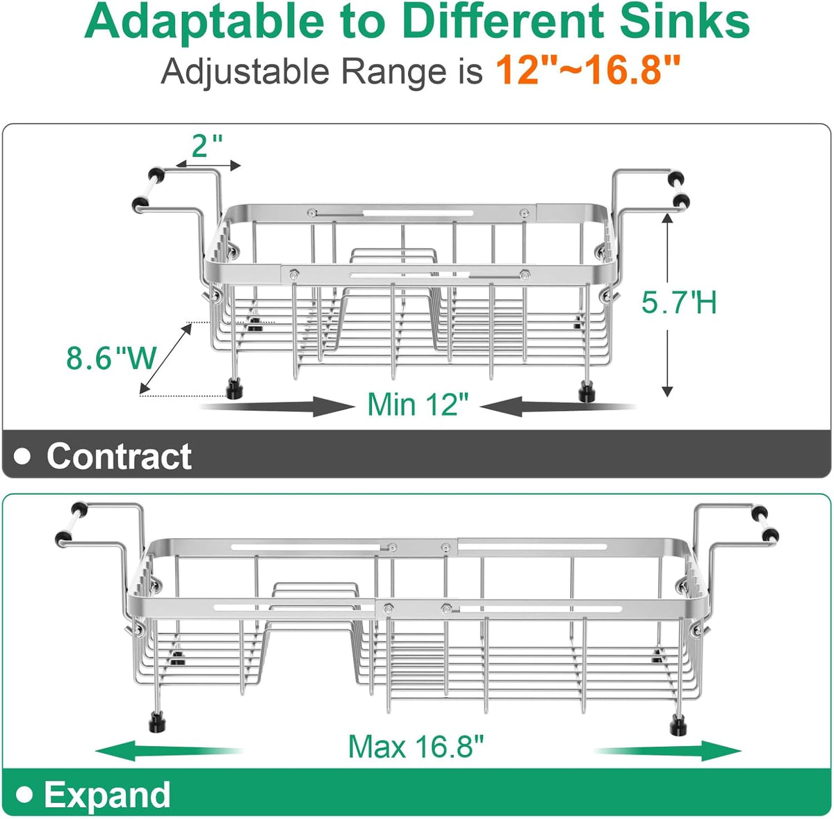 GSlife Small in Sink Dish Drying Rack - Stainless Steel Capacity Expandable Dish Drainer with Utensil Holder for Counter or Inside Sink, 11.9“-16.7” L x 9" W x 5.7" H, Silver