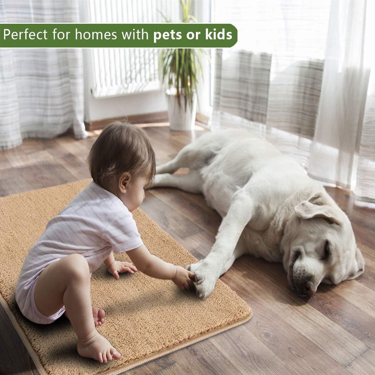 REFETONE Indoor Door Mat, Front Back Door Mat, Non-Slip Absorbent Resist Dirt Entrance Rug Inside Floor Mats, Machine Washable Low-Profile Inside Entry Door Rugs for Entryway - 20" x 32", Tan