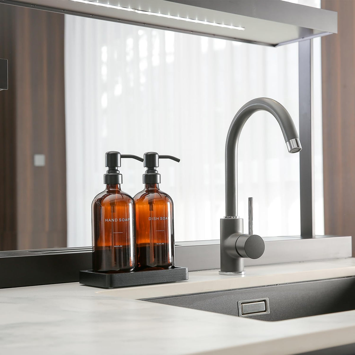 Amber Soap Dispenser Set, Soap Dispenser for Kitchen Sink with Black Stainless Steel Pump, Perfect for Kitchen Accessories Decor. (Amber)