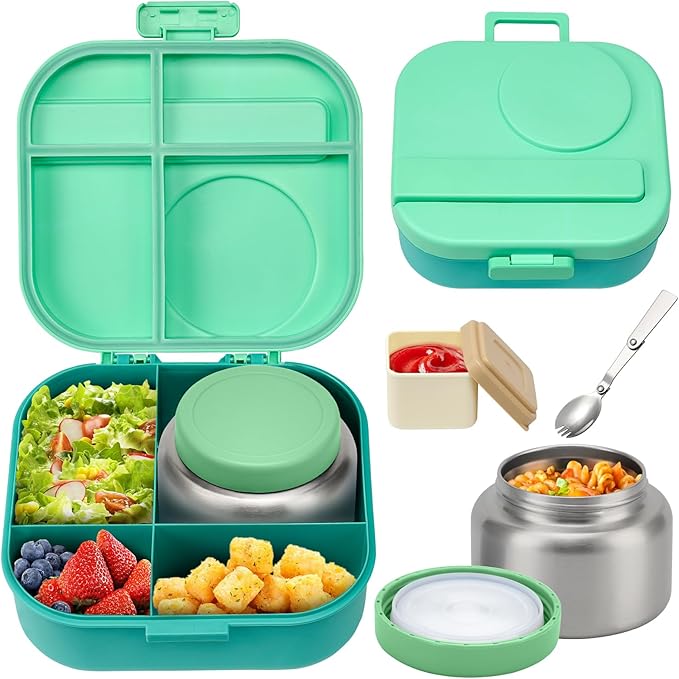 Bento Lunch Box with 12oz Soup Thermo,4 Compartments Lunch Box Containers, Spoon&Sauce Jar, BPA Free&Leak proof,Insulated Food Jar for Travel (Green)
