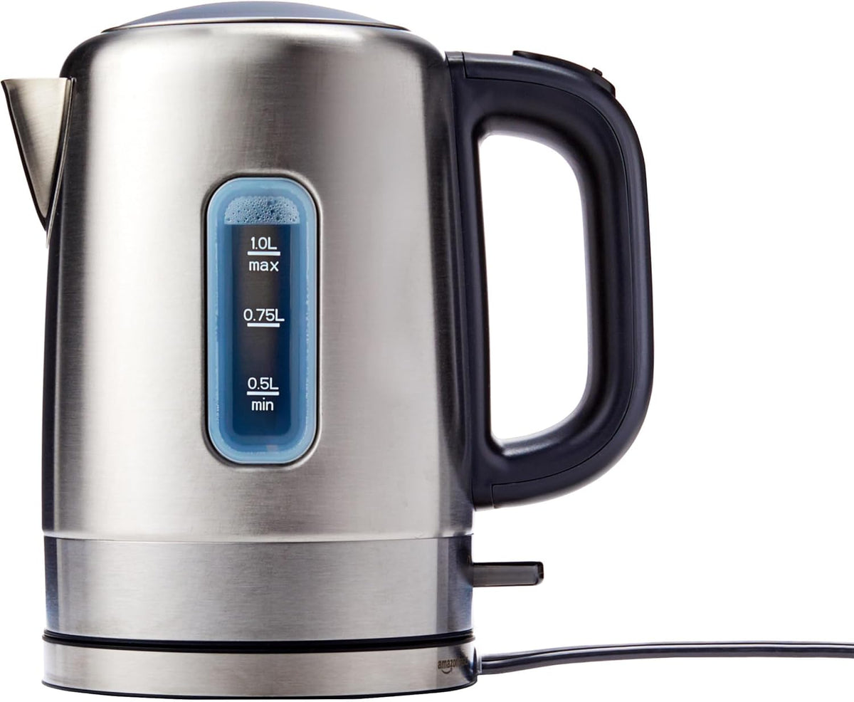 Amazon Basics Electric Stainless Steel Kettle for Tea and Coffee, BPA-Free, Fast Boiling, Auto Shut-Off, 1.1 Quarts, 1500W, Black and Silver