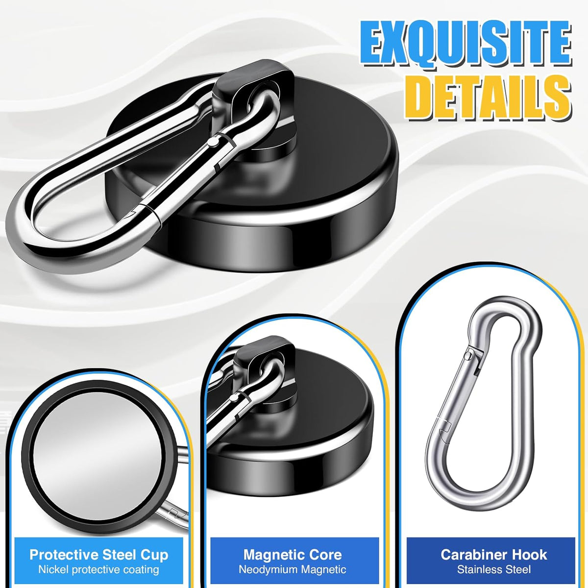 Magnetic Hooks Heavy Duty 150Lbs, 4 Pack Super Strong Magnetic Hooks with Swivel Carabiner for Cruise, Black Neodymium Magnet Hooks Magnetic Wall Hanger for Hanging, Toolbox, Grill, Cabins