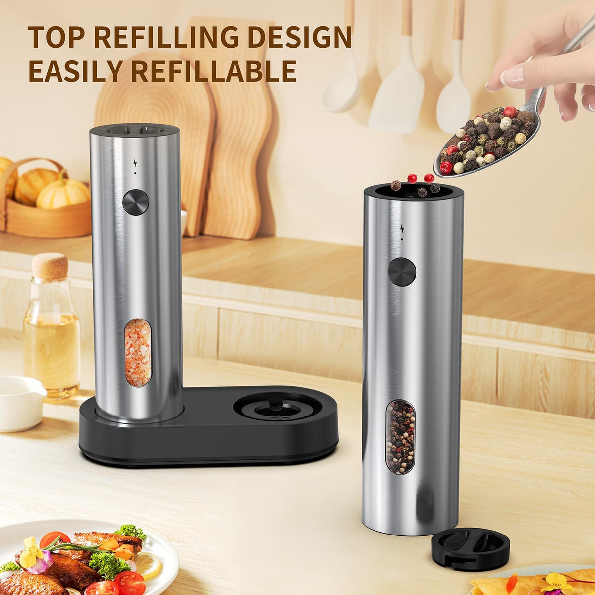 Electric Salt and Pepper Grinder Set with Charging Base，Stainless Steel Automatic Pepper Grinder Set Top-Refill, Flexible Coarsenes, 110ml Larger Capacity with LED Light for Home Kitchen (2 pack)