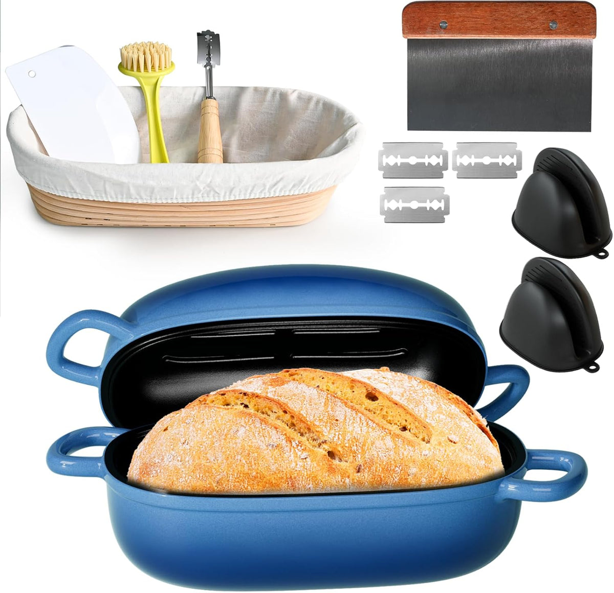 Dutch Oven for Bread Baking - 2.5QT Bread Pans for Homemade Bread Cast Iron Bread Pan With Banneton Bread Proofing Basket & Baking Supplies, Dutch Oven Loaf Pan with Lid for Homemade Breadmaking