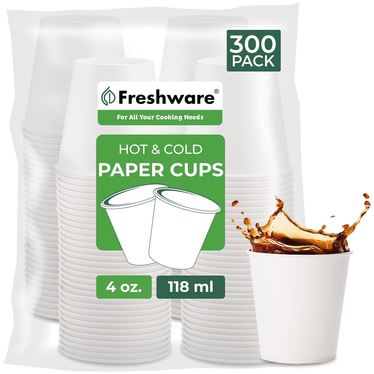 Freshware Coffee Cups 4 oz [300 Pack] Disposable Paper Cups for Mouthwash Cups, Hot Paper Coffee Cup, Ideal for Bathroom Cup