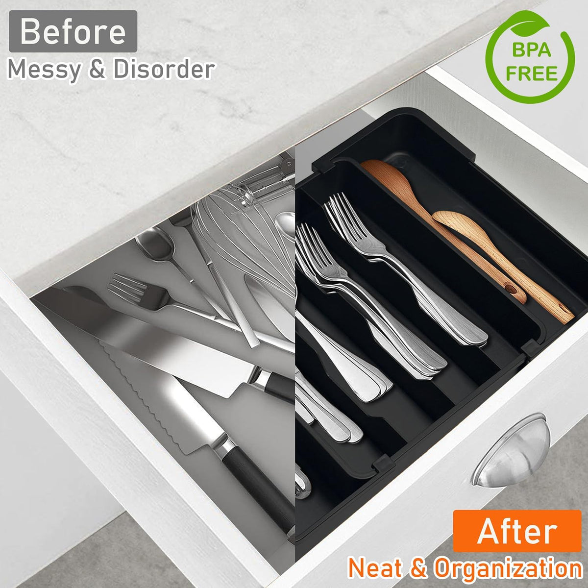 Kitchen Silverware Organizer for Drawer - Expandable Silverware Drawer Organizer Adjustable Utensil Drawer Holder, Flatware Cutlery Tray for Spoons Forks Kitchen Organizers Storage,Black,M