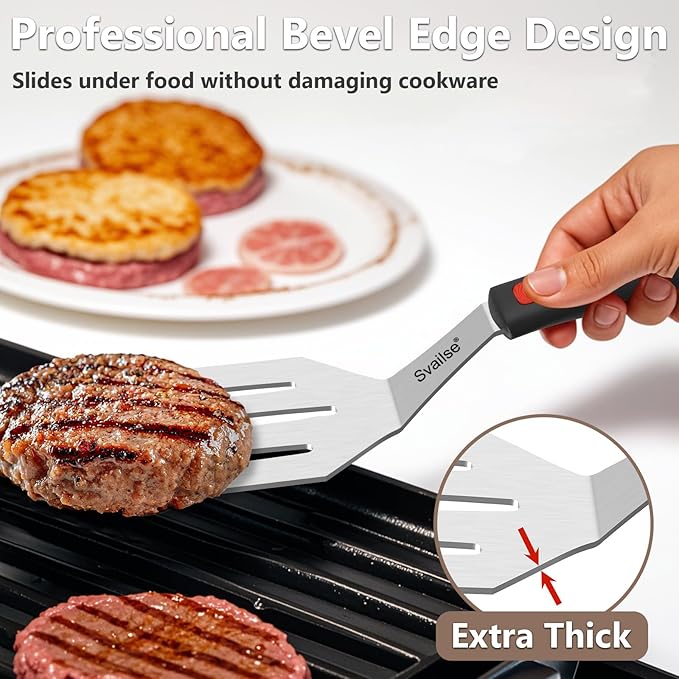 2Pcs Stainless Steel Spatula Set, Metal Turners for Kitchen Use, Metal Cooking Utensils for Cast Iron Skillet with Silicone Handle, Spatula Flipper for Frying Egg, Brownie, Cookies or Pancake