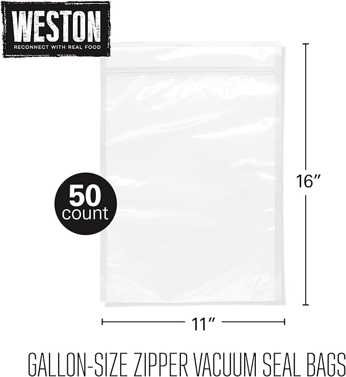 Weston Vacuum Sealer Bags, 2 Ply 3mm Thick, for NutriFresh, FoodSaver & Other Heat-Seal Systems, for Meal Prep and Sous Vide, BPA Free, 11" x 16" (Gallon), 50 count with Resealable Zipper, Clear