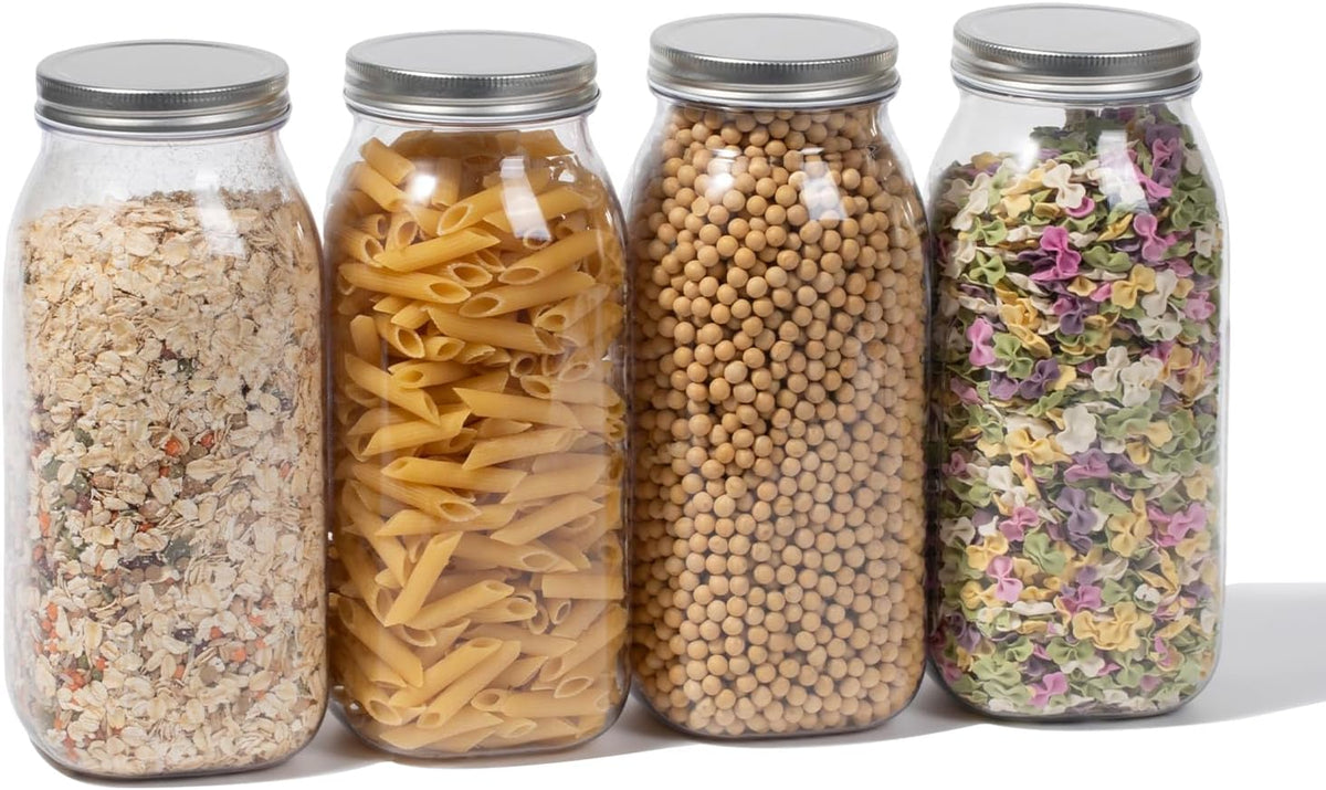 novelinks 64 oz Large Plastic Jars with Metal Lids - 4 Pack BPA-Free Clear Storage Containers for Pantry, Pickles, Sauces, Flour, Snacks - Leak-Proof Airtight Food Grade Jars for Kitchen (Silver)