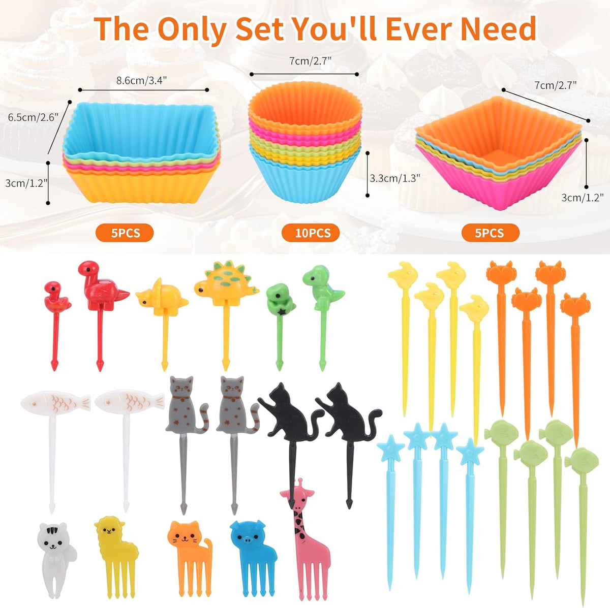60PCS Silicone Lunch Box Dividers, Heavy-Duty Silicone Cupcake Liners for Muffin Cups, Reusable Kids' Lunch/Bento Box Accessories Set with Animal Forks, Food-Grade, BPA Free(20 Liners + 40 Picks)
