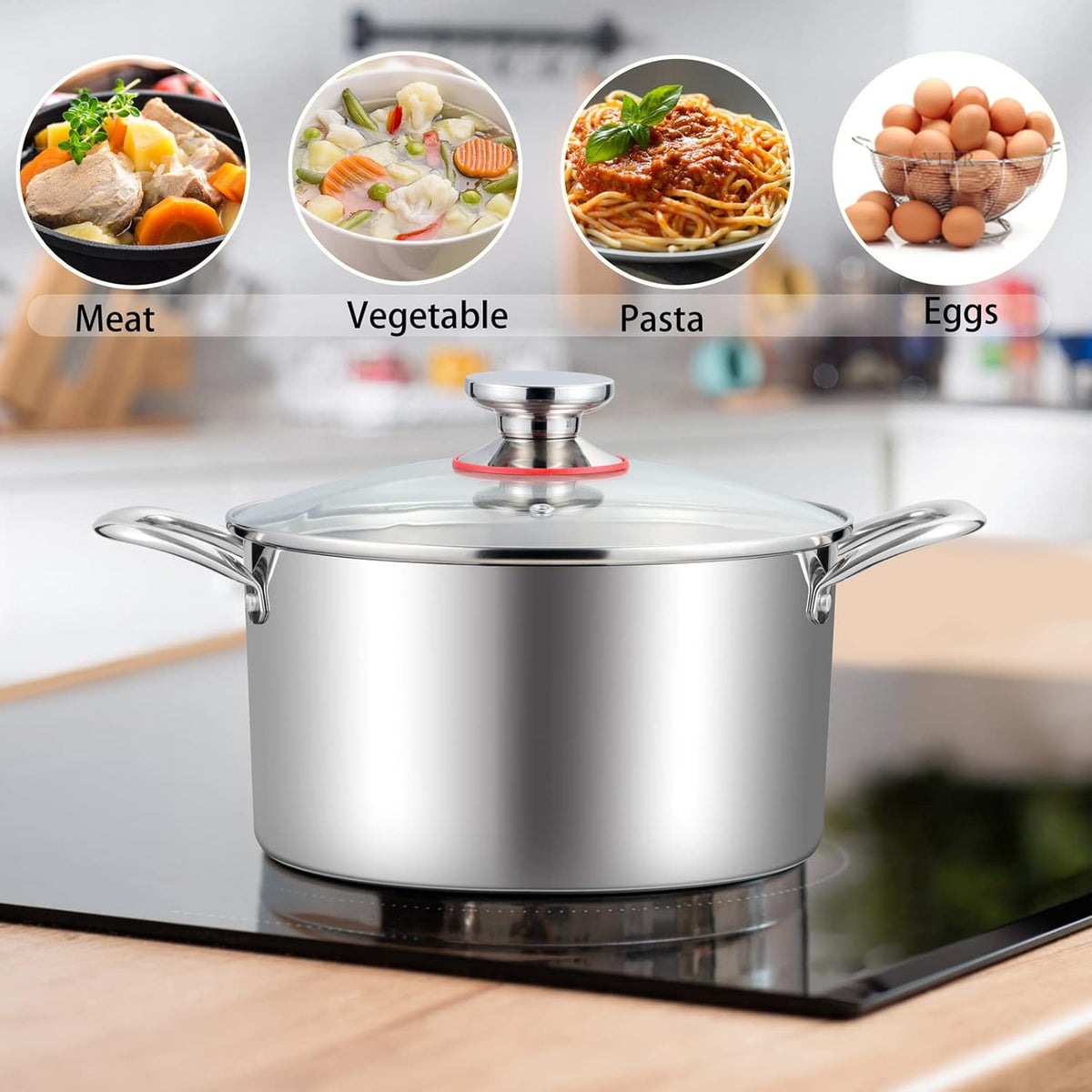 TeamFar 4.5 Quart Stock Pot, Stainless Steel Tri-Ply Cooking Pasta Soup Pot with See-Through Lid for Induction/Electric/Gas/Ceramic, Healthy & Heavy Duty, Ergonomic Handle & Dishwasher Safe