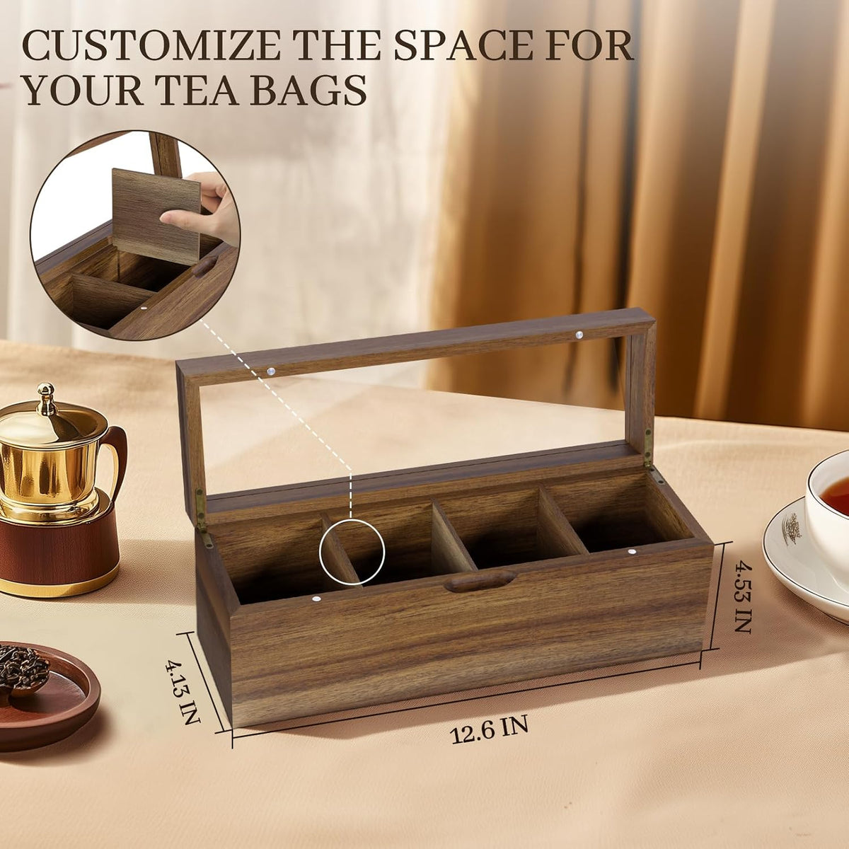 Acacia Wood Tea Bag Organizer, 4 Compartments Tea Box Organizer Storage Box, Teabag Holder Organizers with Clear Acrylic Window, Magnetic Lid and Removable Dividers