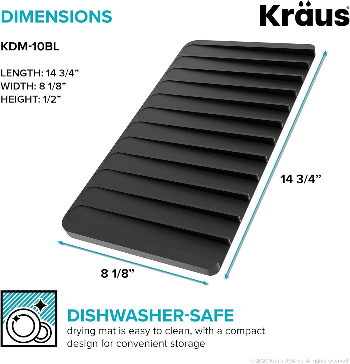 Kraus Self-Draining Silicone Dish Drying Mat or Trivet for Kitchen Counter in Black, KDM-10BL