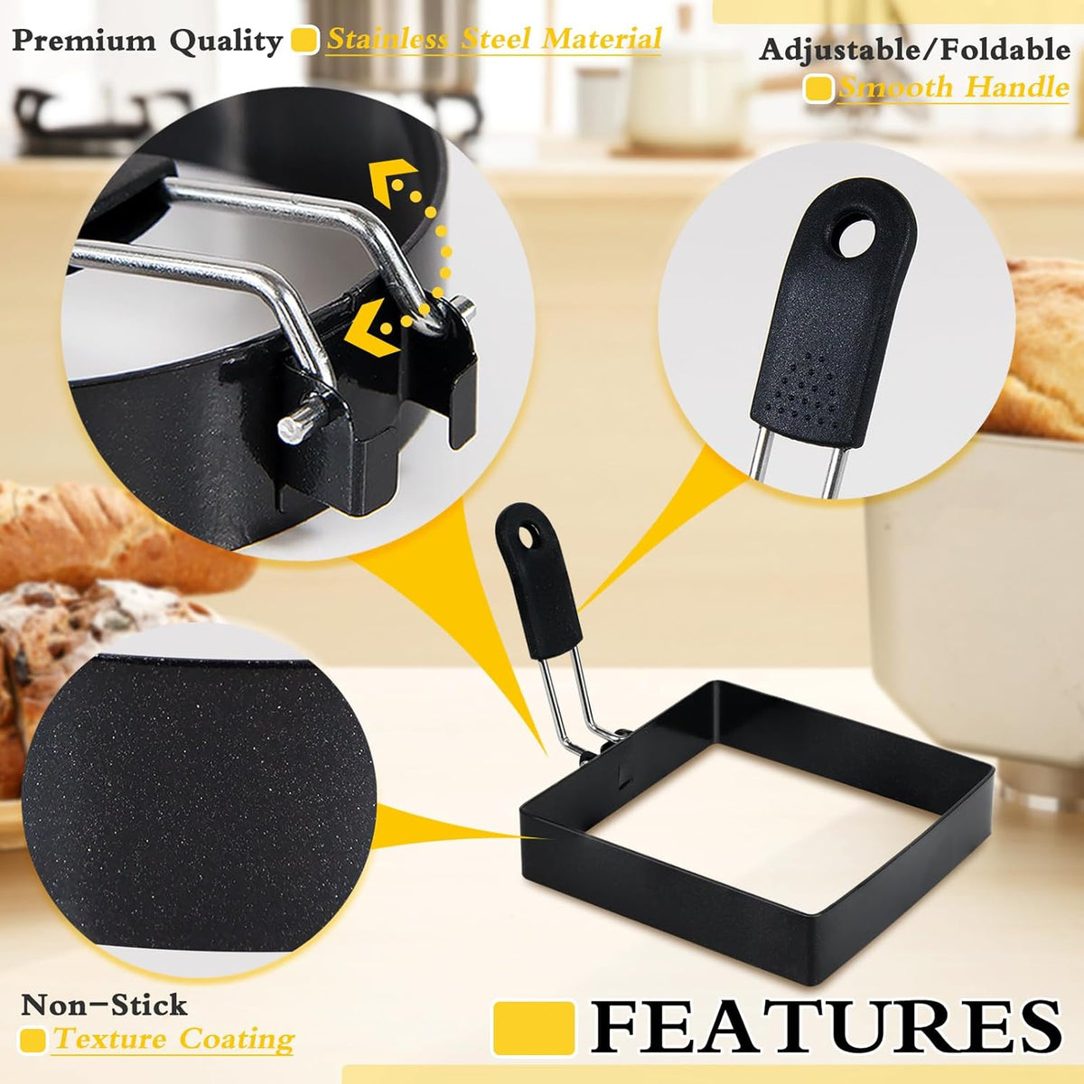 2-Pack 4'' Square Egg Rings Set, Silicone Handle, Stainless Steel, Nonstick, For Frying Eggs