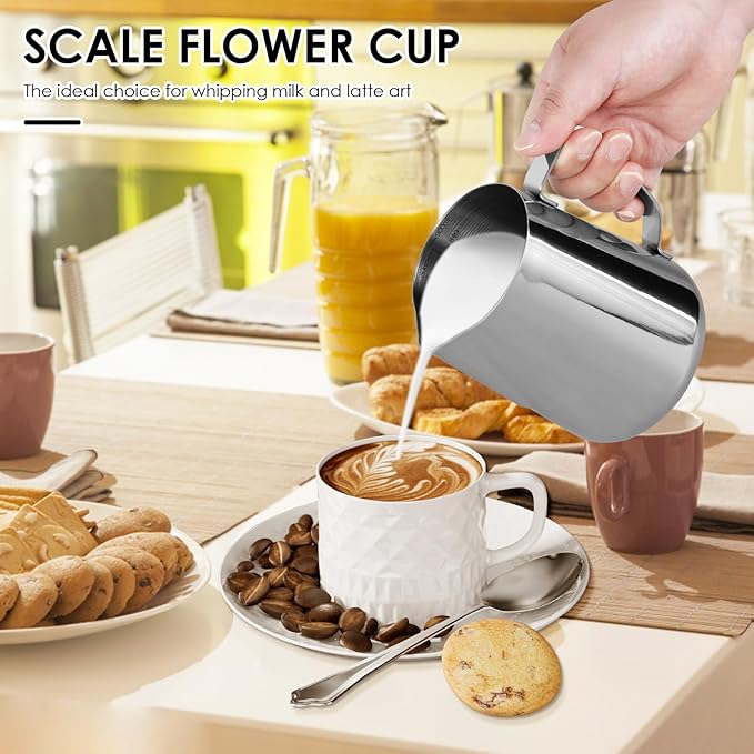900ml Stainless Steel Milk Frothing Pitcher with Measurement Marks, 32oz Steaming Pitcher for Coffee, Cappuccino, Latte Art Milk Jug Cup for Home & Professional Use (1)