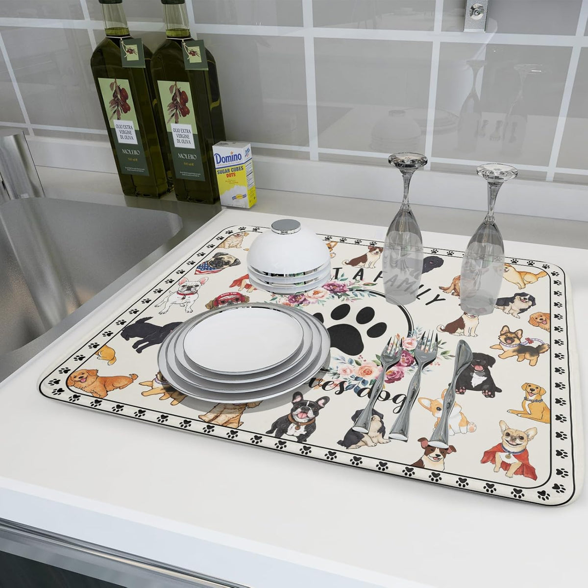 Dog Family Dish Drying Mat Cartoon Pet 18 X 24 in Absorbent Printed Drying Pad for Dog Lover