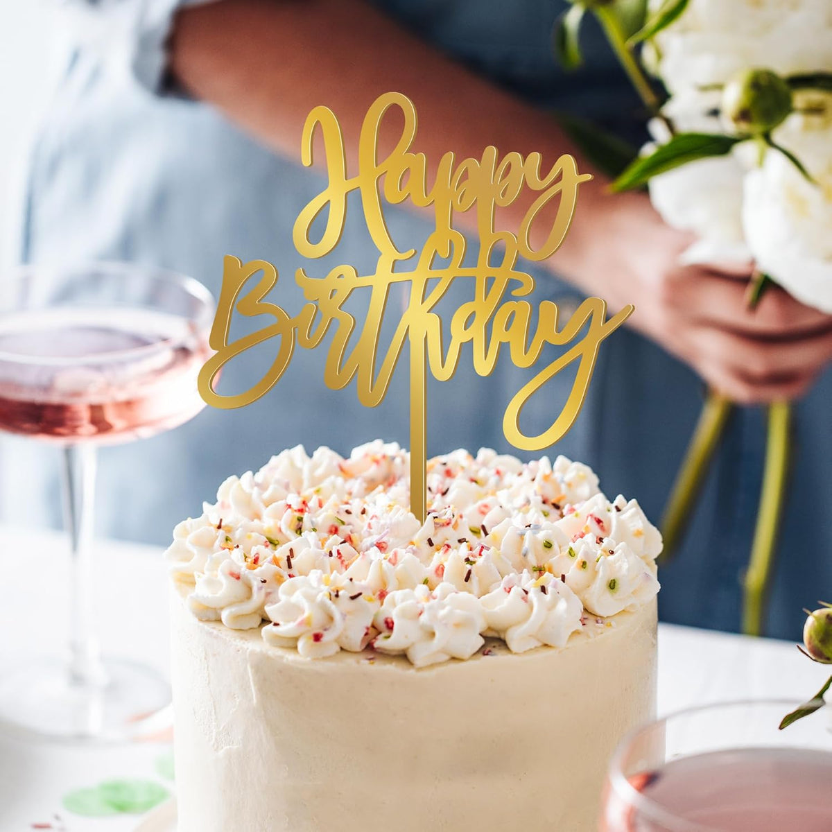 1 PCS Acrylic Cake Topper, 5.1 x 7 Inches Happy Birthday Cake Sign, Mirror Birthday Cake Toppers for Children or Adults Cake Inserts, Birthday Cake Decorations and Desserts Supplies