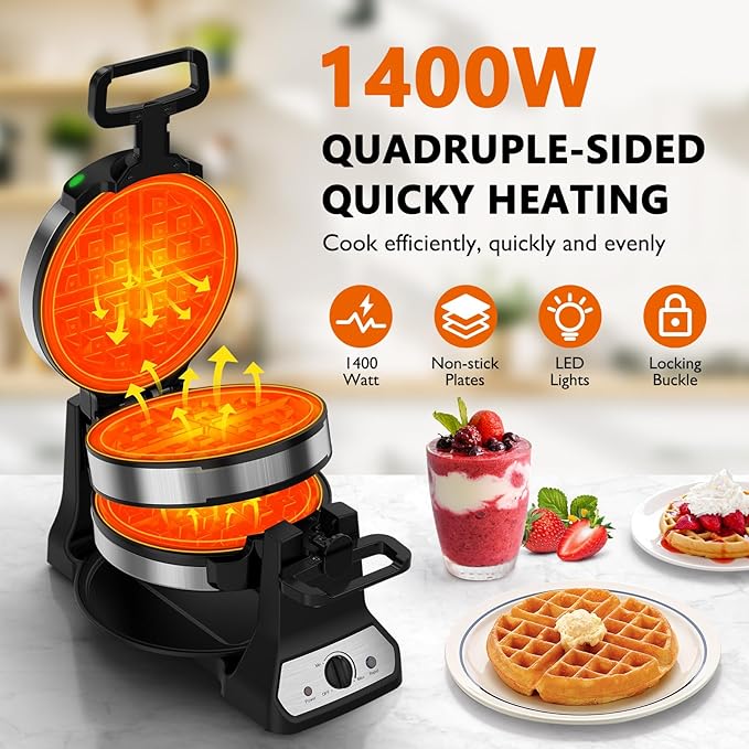 Waffle Maker, 1400W Belgian Waffle Maker, Double Waffle Iron 180° Flip, Rotating Nonstick Plates, Adjustable Browning Control, Locking Buckle & Cool Touch Handle, Removable Drip Tray, Stainless Steel