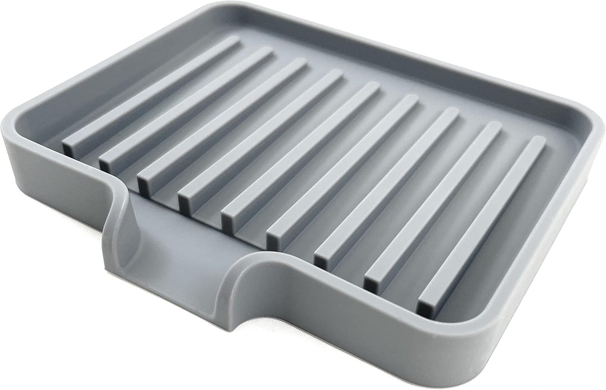 Happitasa Silicone Soap Dish Tray and Sponge Holder with Drain Chute, Pack of 2 | Bathroom and Kitchen Sink Organizer Caddy (Grey, 5.2"x4", 7.2 Ounces)