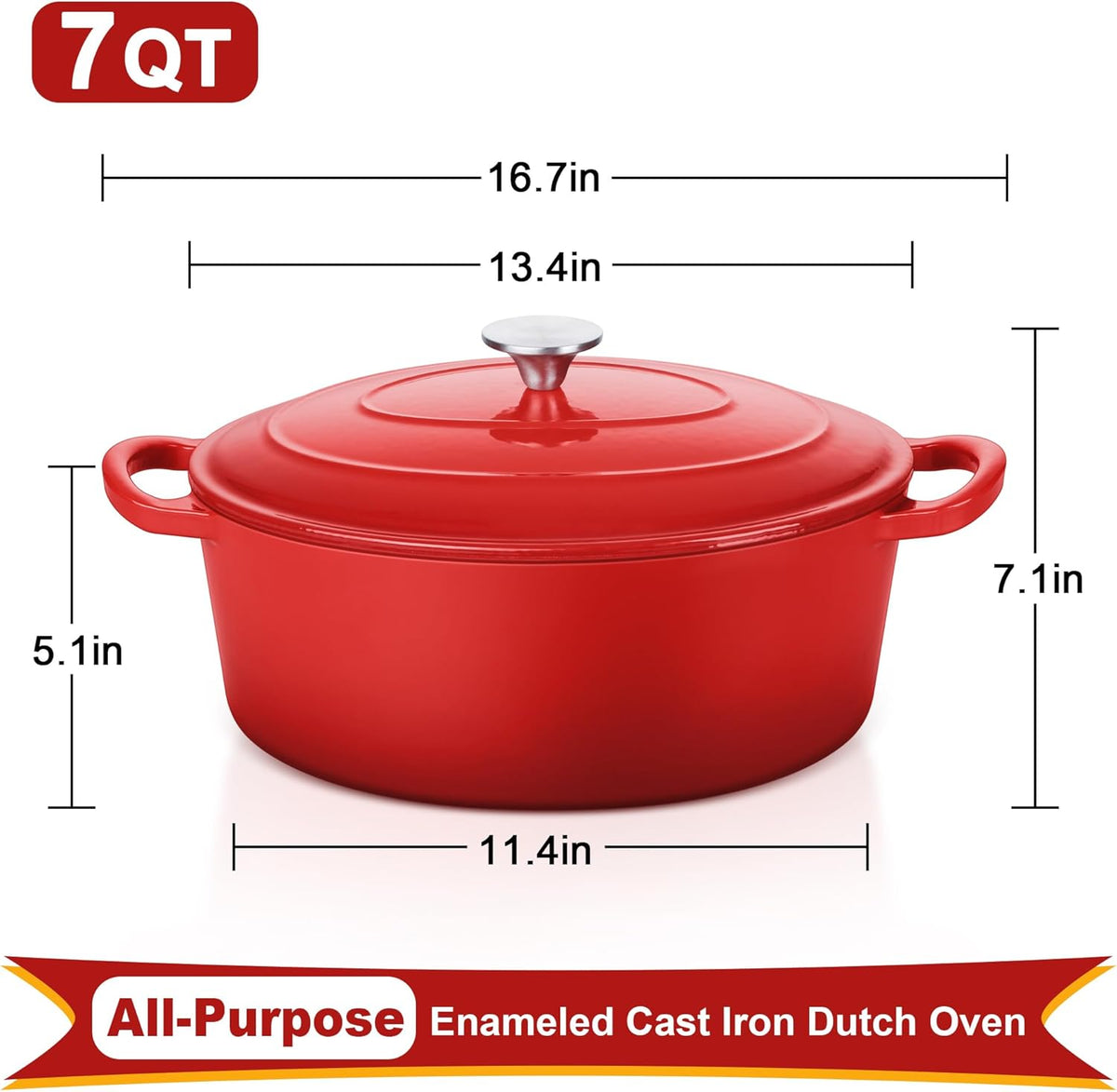 E-far 7QT Oval Dutch Oven Pot with Lid, Enameled Cast Iron Dutch Oven with Dual Handles for Sourdough Bread Baking Cooking, Nonstick Enamel Coated Cookware(Red), Non-Toxic & Easy Clean