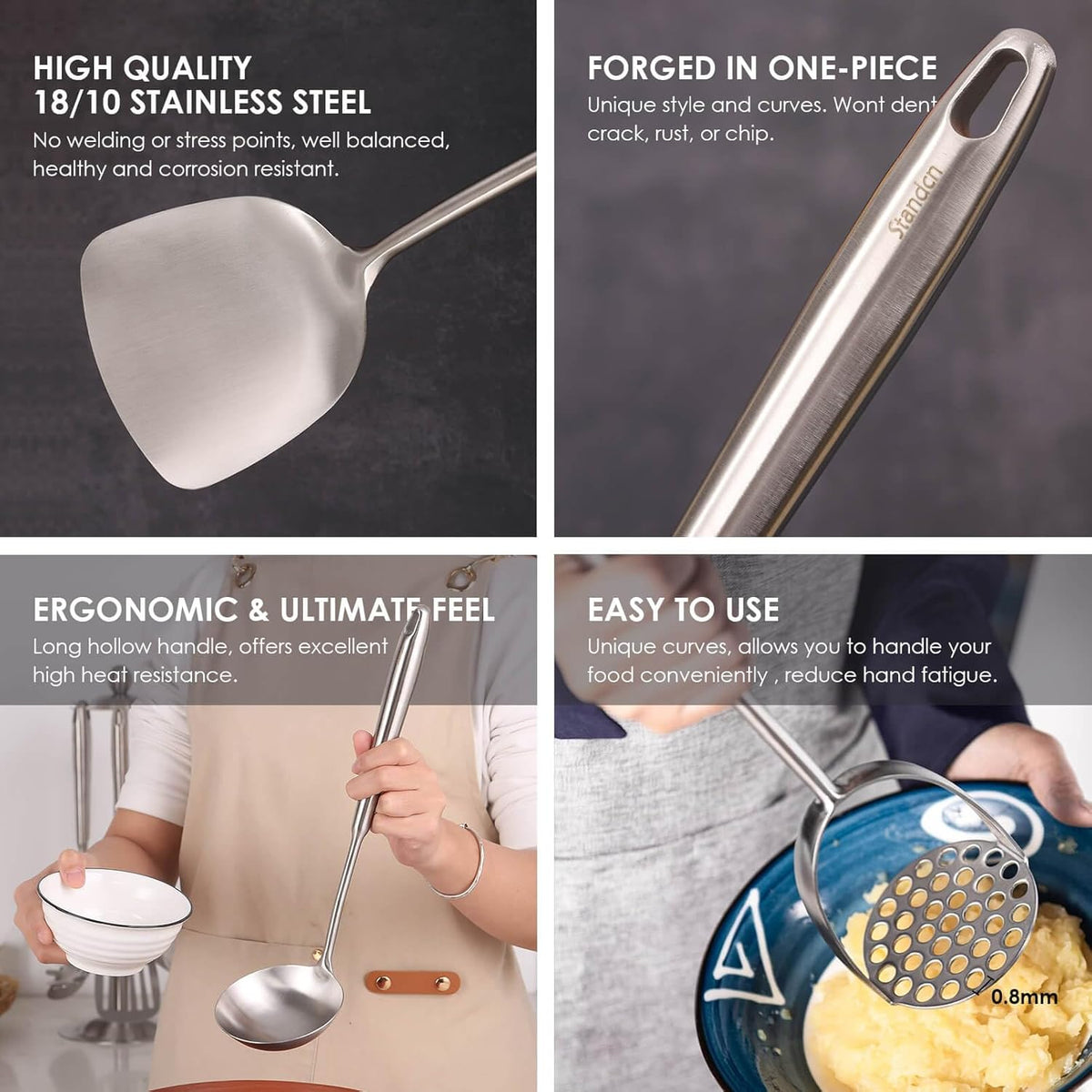 18/10 Stainless Steel Kitchen Utensils Set - 12 PCS All Metal Cooking Tools & 15″ Serving Utensils - Potato Masher, Meat Fork, Tongs, Turner, Pasta, Serving Spoon, Skimmer, Ladle, Spatula Spoon Set
