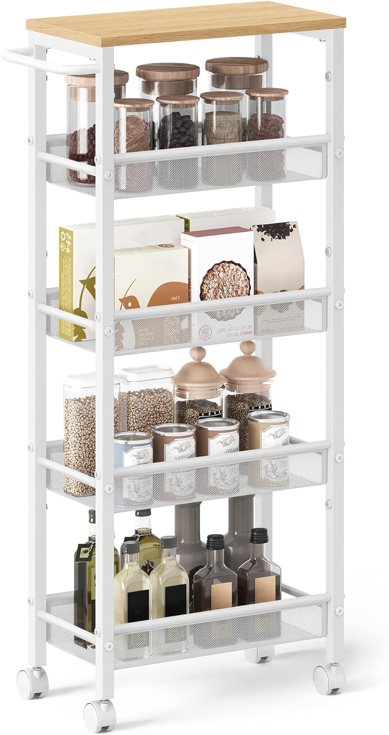 VASAGLE Slim Rolling Cart, 5-Tier Storage Cart, Narrow Cart with Handle, 8.7 Inches Deep, Metal Frame, for Kitchen, Dining Room, Living Room, Home Office, Oak Beige and Classic White ULRC035W09
