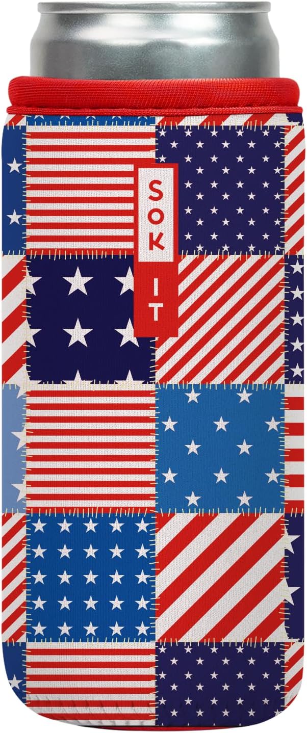 Sok It CanSok Sleeve for Beer & Soda Insulated Neoprene Cover (Patriotic Patchwork, 12oz Slim Can Sleeve)