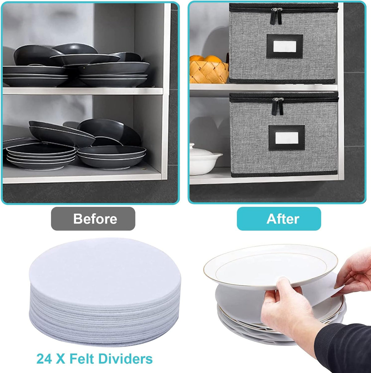 China Storage Containers-4PACK Quilted Dish Storage Containers with Lid Hard Shell for Moving Transport, Dinnerware,Stackable Plate Storage,24 Felt Plate Dividers Included,12 * 12 * 8in