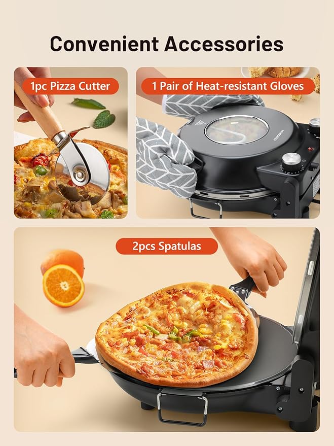 Electric Pizza Oven Indoor with Glazed Ceramic Stone, 12-Inch Portable Countertop Pizza Maker with Adjustable Timer, 1200W Heat up to 800°F Pizza Maker with Viewing Window for Home DIY Pizza