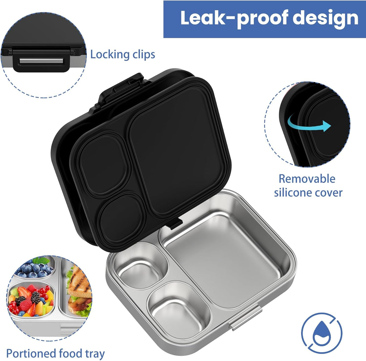 Stainless Steel Bento Lunch Box for Kids | 3-Compartment Lunch Box Container Kids | 100% Leakproof, Dishwasher-Safe, Eco-Friendly, Perfect Portion Control for Kids&Adult Healthy Meals (Black)
