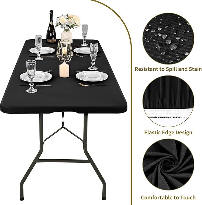 6 Pack Black Elastic Rectangle Table Top Cap Cover, Fits 4' Tables, 30" W x 48" L
