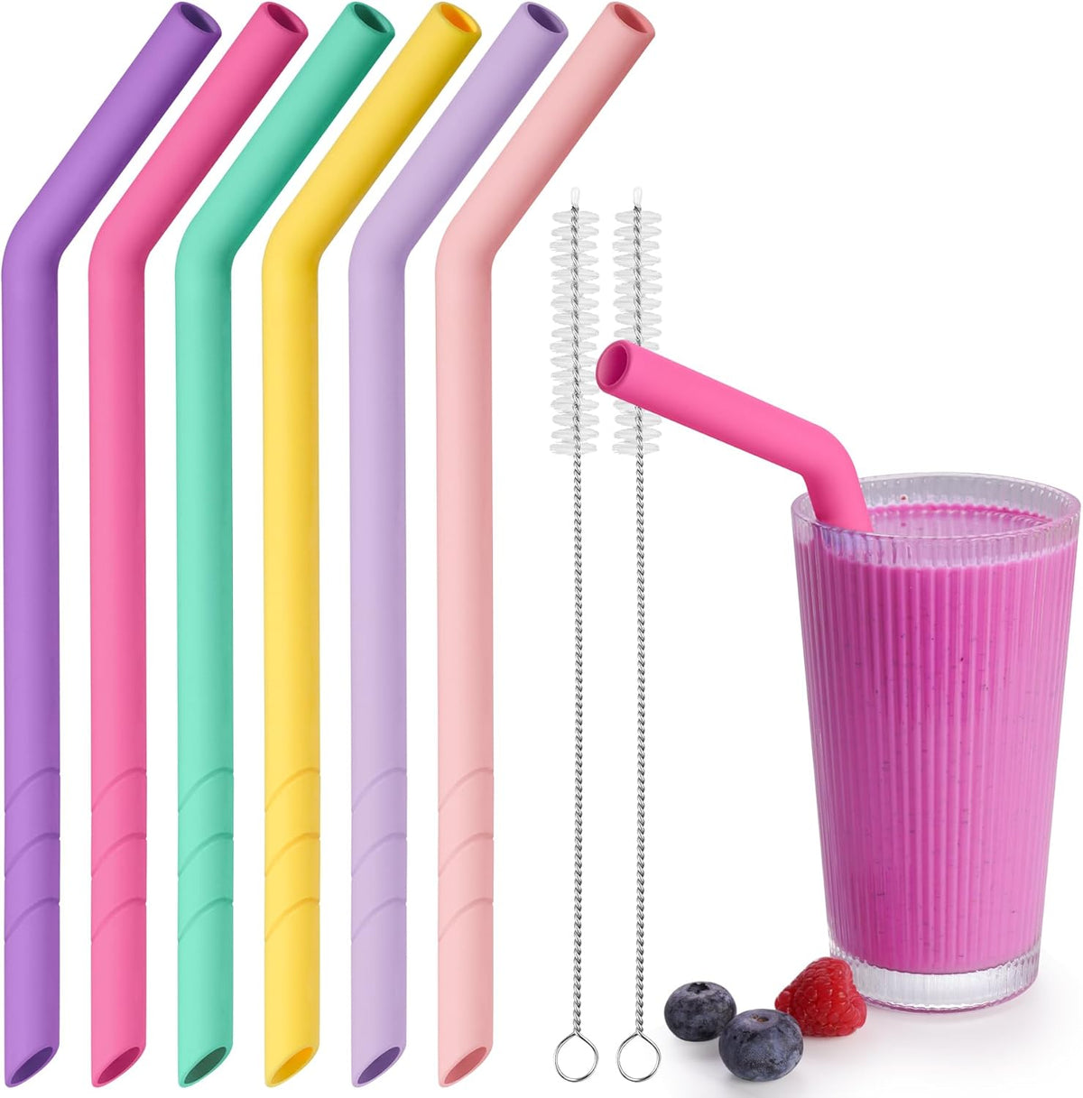 NiHome 6PCS Extra Wide Reusable Bent Silicone Straws for Boba, Smoothies, Bubble Tea, Eco-Friendly Bent Straws for Thick Drinks, Child-Safe, Customizable Length, 2 Brushes for Cleaning (Girl Colors)