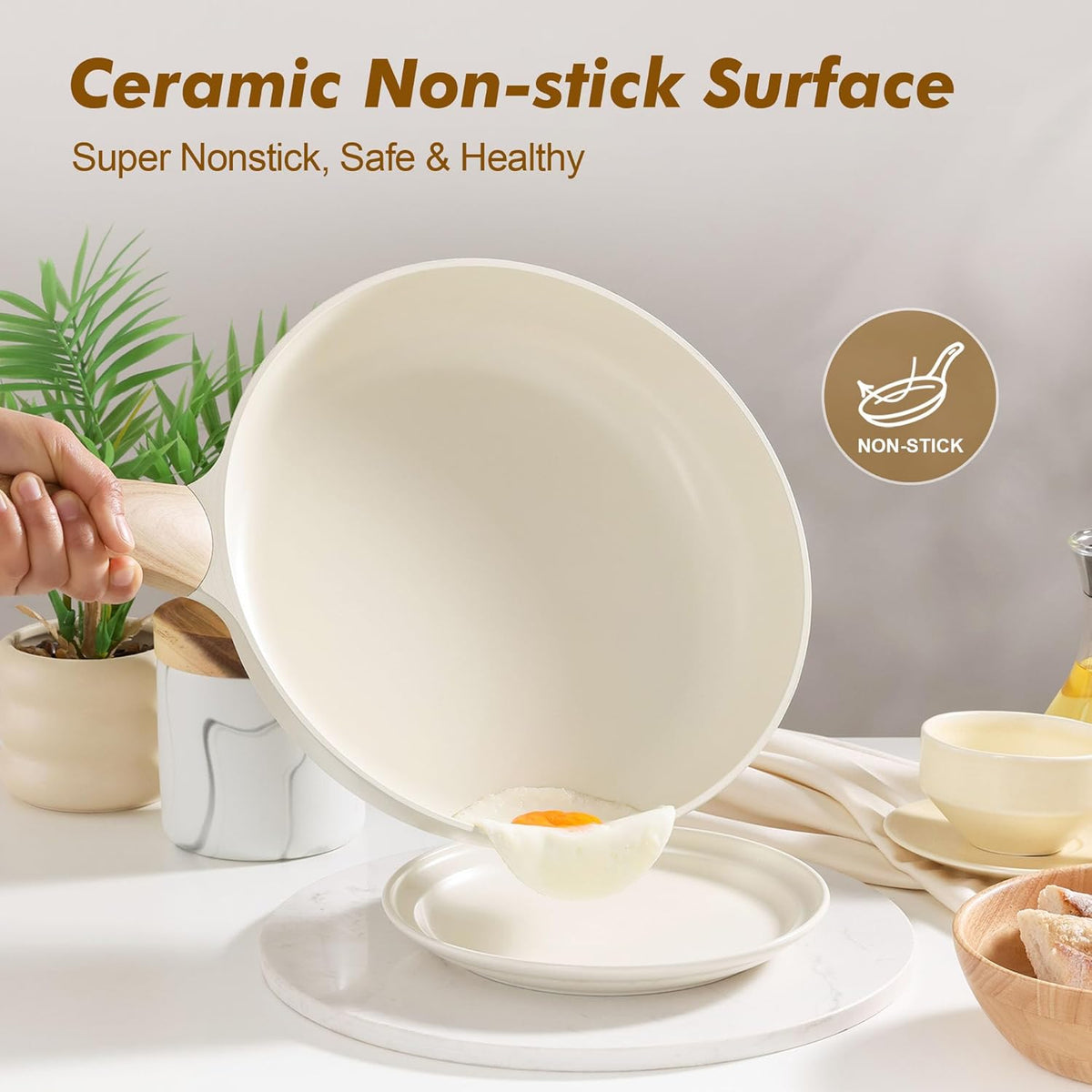 SENSARTE Ceramic Nonstick Frying Pan Skillet with Lid 8inch Non Stick Omelet Pans, Non-toxic Healthy Kitchen Cooking Chefs Pan, Free of Intentionally Added PFOA/PFAS/PTFE, Induction Compatible, White