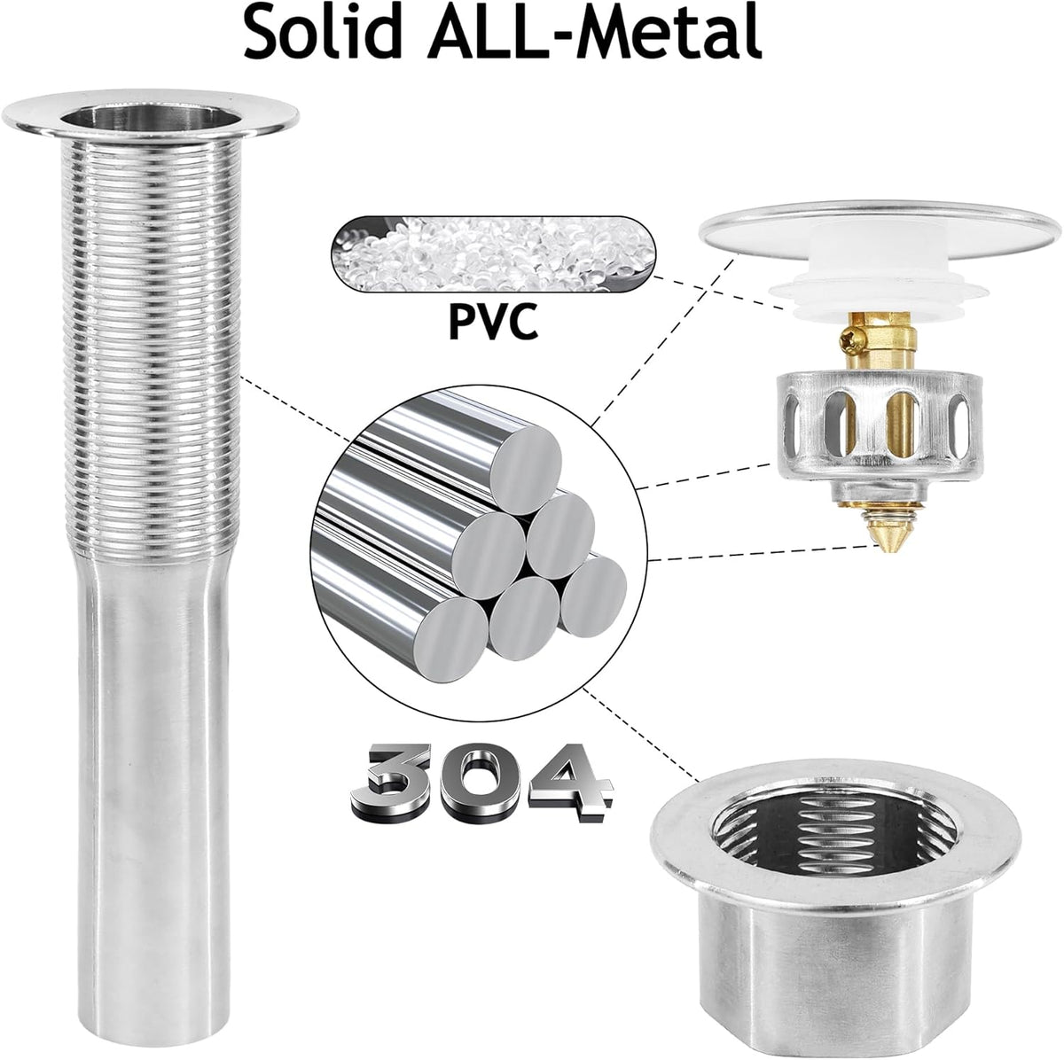 Bathroom Sink Drain,4 Pack Drain Stopper Without Overflow,Pop Up Drain Assembly with Detachable Strainer Basket,Built-in Anti-Clogging, Stainless Steel Nut Brushed Nickel