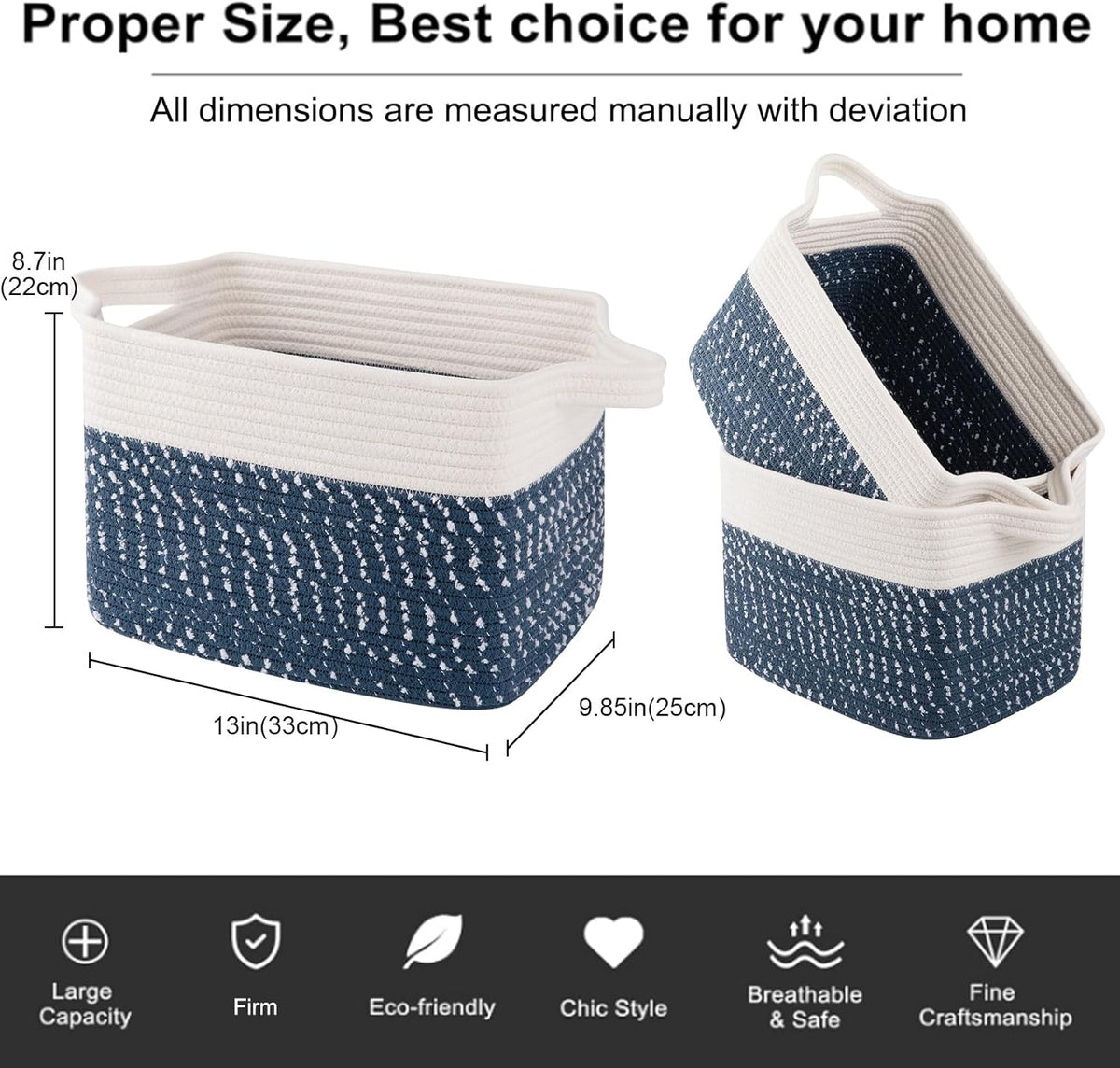 OIAHOMY Storage Basket, Woven Baskets for Storage, Cotton Rope Basket for toys,Towel Baskets for Bathroom - Pack of 3,White Blue