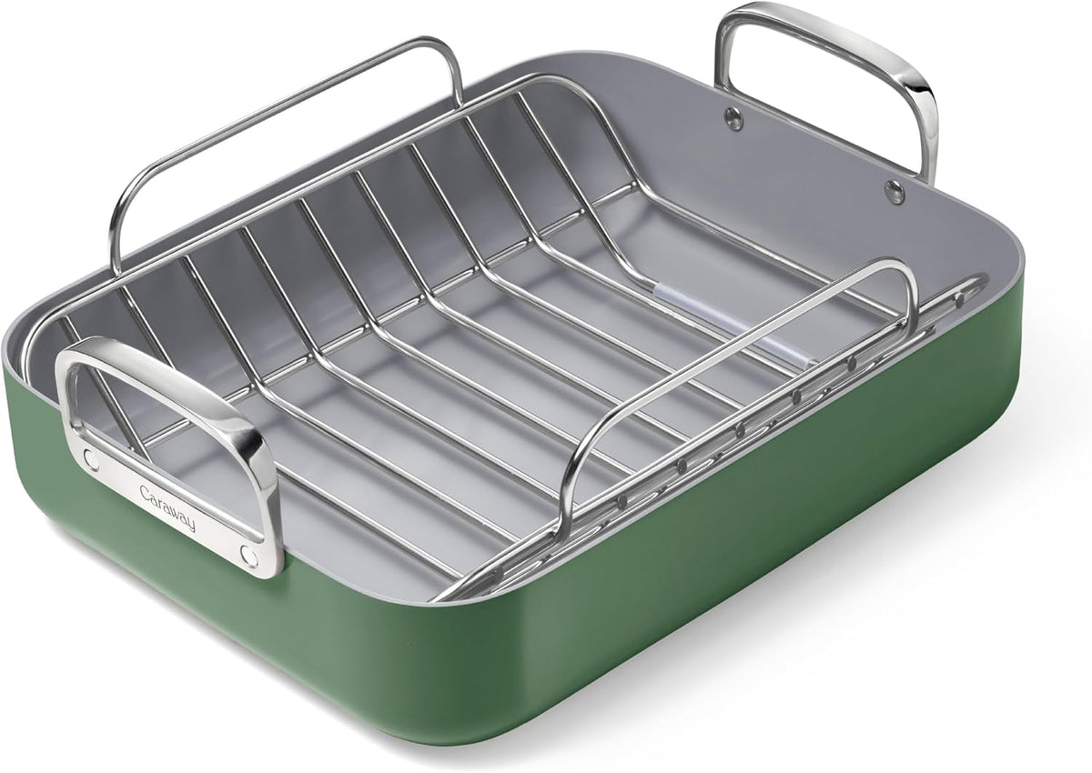 Caraway Roasting Pan - 16x13” Roasting Pan with Rack - Non-Stick Ceramic Coated - Non Toxic, PTFE & PFOA Free - Oven Safe & Compatible with All Stovetops - Sage