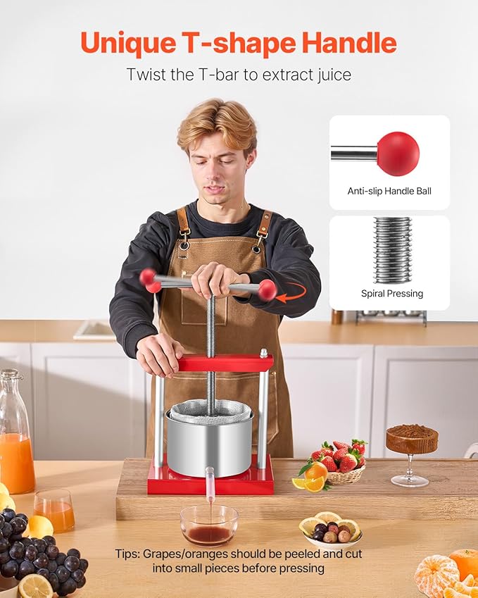VEVOR 0.8 Gal/3L Fruit Wine Press, 2 Stainless Steel Barrels, Manual Juice Maker, Cider Apple Grape Tincture Honey Olive Oil Making Press with T-Handle for Outdoor Kitchen Home